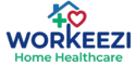 Workeezi brand logo with a blue house icon, green medical cross, and red heart, featuring the text WORKEEZI Home Healthcare.